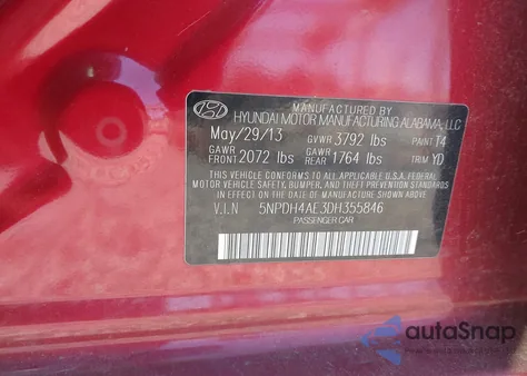 2013 Hyundai Elantra Gls из США, поврежденный, VIN 5NPDH4AE3DH355846